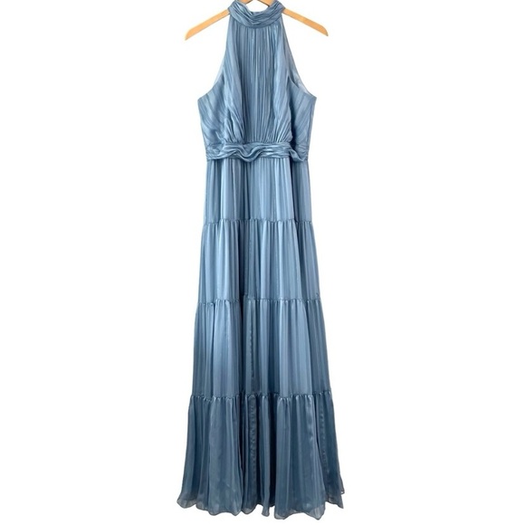 MAC DUGGAL High Neck Tiered Maxi Dress Slate Blue Metallic Silver Formal  Size 4 - Picture 7 of 15